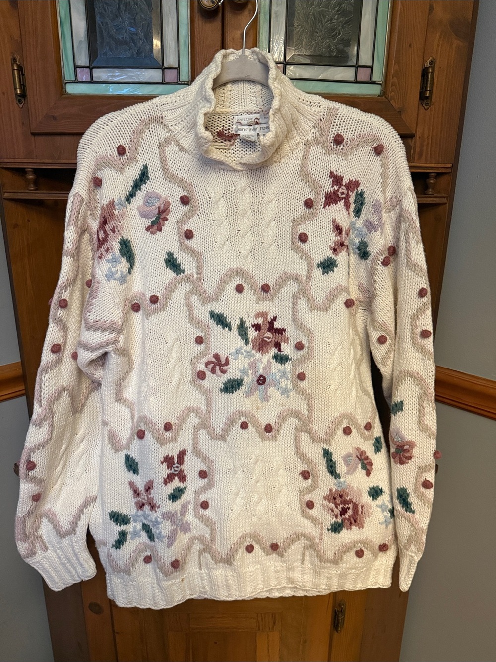 Cream Cable-Knit Sweater with Pink Accents